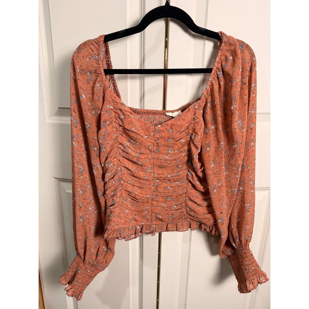 Promesa Terracotta Floral Ruched Smocked Back Long Sleeve Blouse Medium
